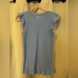 LOFT Light Blue Ribbed Ruffle-Trim Sleeveless Tank